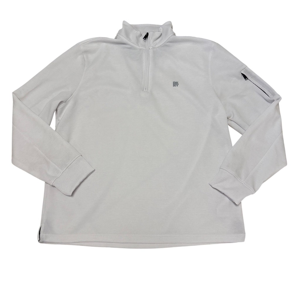 DKNY Sport Mens White Quarter Zip Pullover Sweater XL Zipper Sleeve Pocket